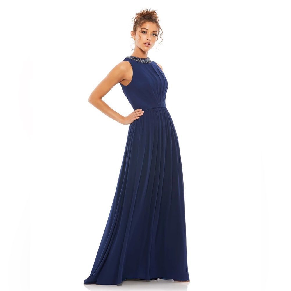 BEJEWELED NECKLINE PLEATED CHIFFON GOWN Mac Duggal